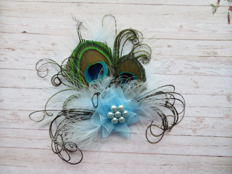 Pale Ice Blue Peacock Feather & Pearl Small Vintage Hair Clip Fascinator or Vintage Style Flapper Band Gift Gifts Made to Order image 3