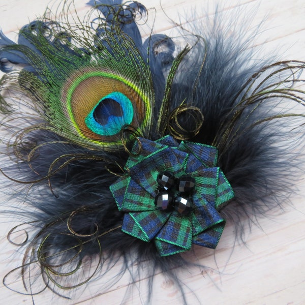 Navy Tartan Fascinator - Rustic Peacock Feather Blackwatch Tartan Plaid Feathered Hairclip Headpiece - Wedding Scottish - Made to Order
