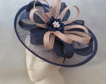 Light Navy Blue and Pale Vintage Pink Hat - Sinamay Saucer Fascinator Hatinator Wedding Garden Party Royal Ascot -  Made to Order