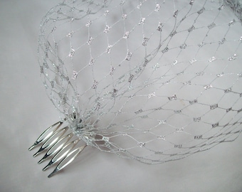 Metallic Silver Stiff Classic Veiling Birdcage Bandeau Wedding Bridal Veil Art Deco Vintage Gatsby - Comb Attachment - Made to Order