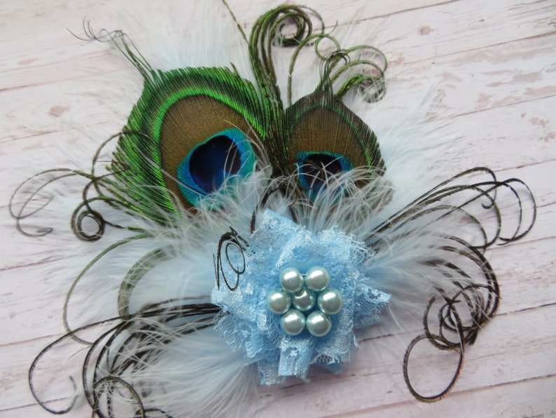 Pale Ice Blue Peacock Feather & Pearl Small Vintage Hair Clip Fascinator or Vintage Style Flapper Band Gift Gifts Made to Order image 6
