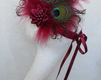 Burgundy Peacock Feather & Pearl 1920's Gatsby Vintage Flapper Style Ribbon Tie Headband Band Headpiece - Made to Order