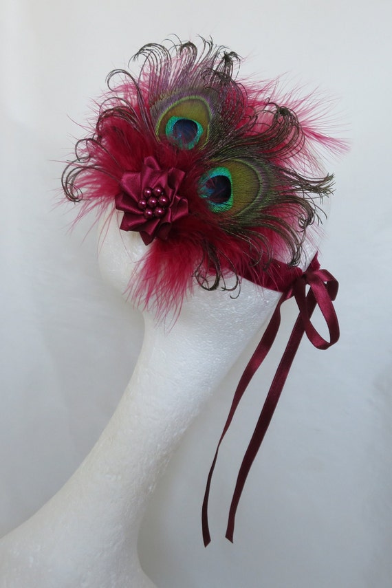 Feather Fascinator - Burgundy Maroon Peacock Feather  display picture 1