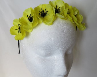 Bright Yellow & Black Dainty Blossom Flower Crown Retro Vintage Boho Floral Garden Hair Headband Band - Wedding Flower Girl - Ready Made