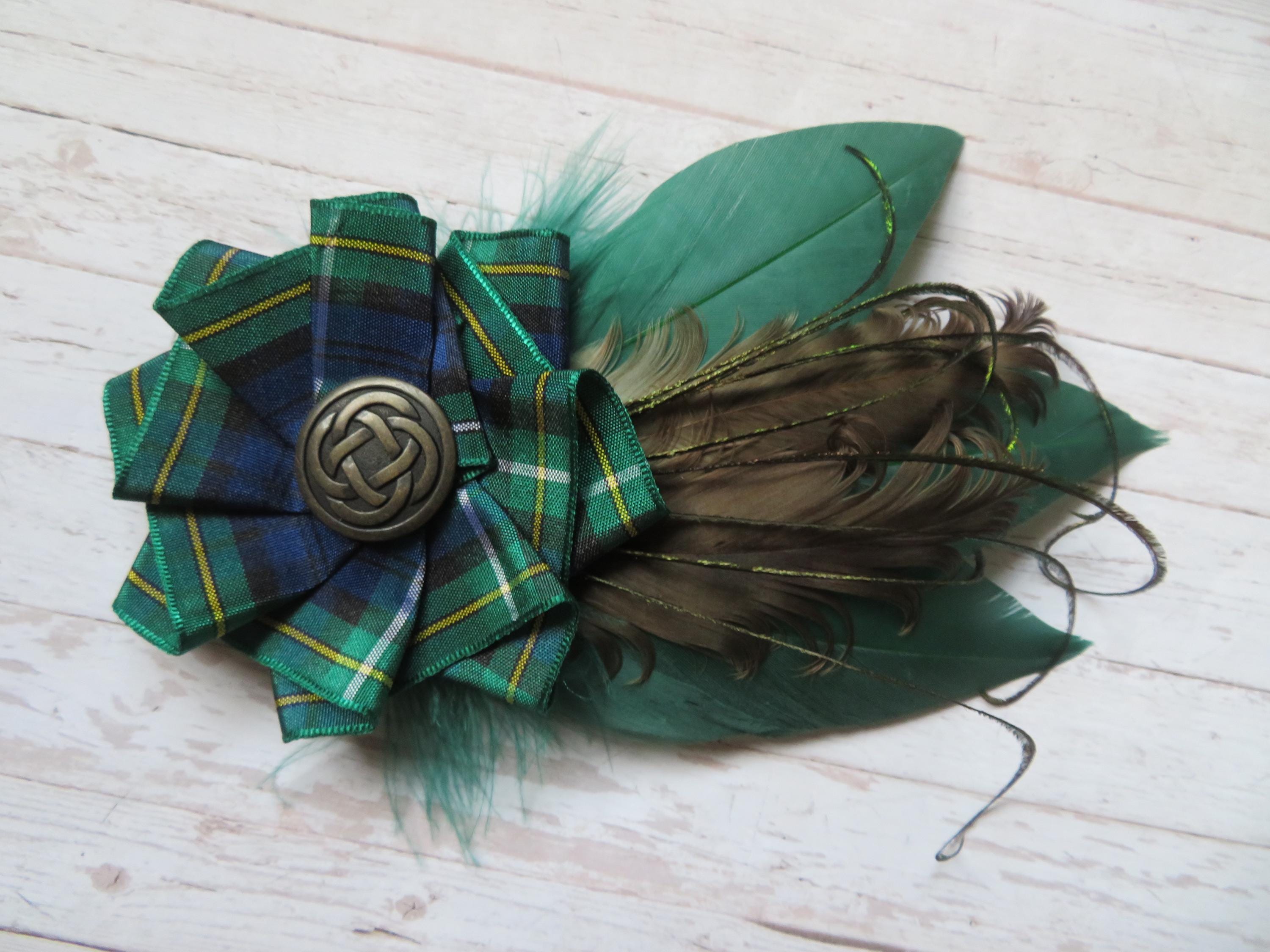 Campbell Tartan Ruffle Celtic Brass Button and Bottle Green Feather Hat…