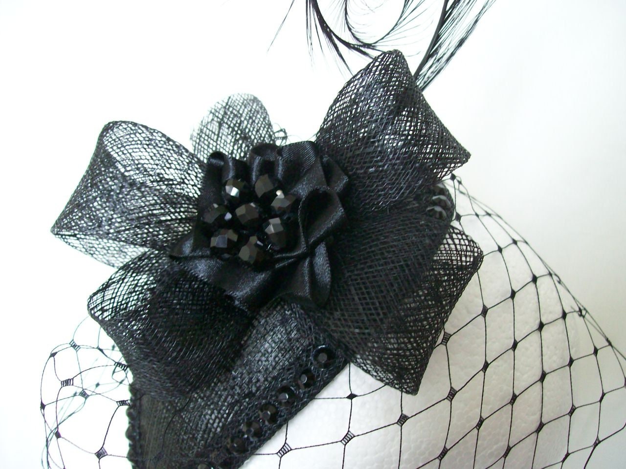 Black Crystal Fascinator Veiled Crystals or Pearl Studded 
