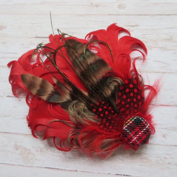 Cherry Red & Brown Small Feather Vintage Royal Stewart Tartan Button Hair or Hat Clip Wedding Party Fascinator Retro Headpiece - Ready Made