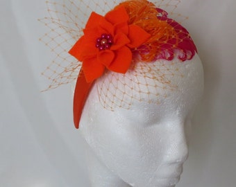 Bright Orange and Dark Raspberry Cerise Pink Feather Flower Headband - Retro Vibrant Bright Band Fascinator - Wedding - Ready Made