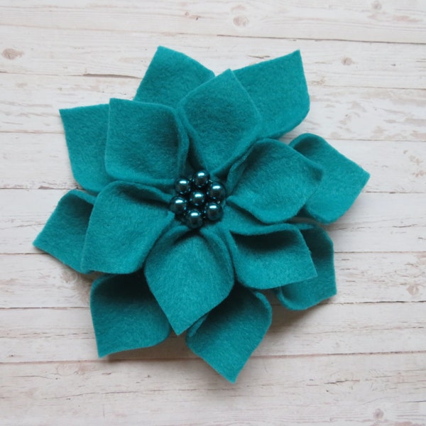 Teal Turquoise Blue Vintage Handmade Felt Flower & Pearl Crystal Hair Clip Brooch Retro Floral Accessories - Wedding - Made to Order