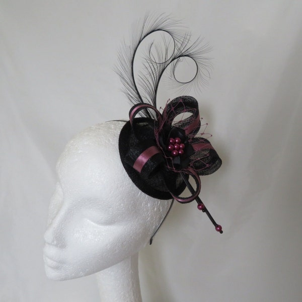 Antique Plum Damask Pink and Black Fascinator Feathers Sinamay Pearls Wedding Royal Ascot Mini Hat Headpiece Cocktail- Made to Order