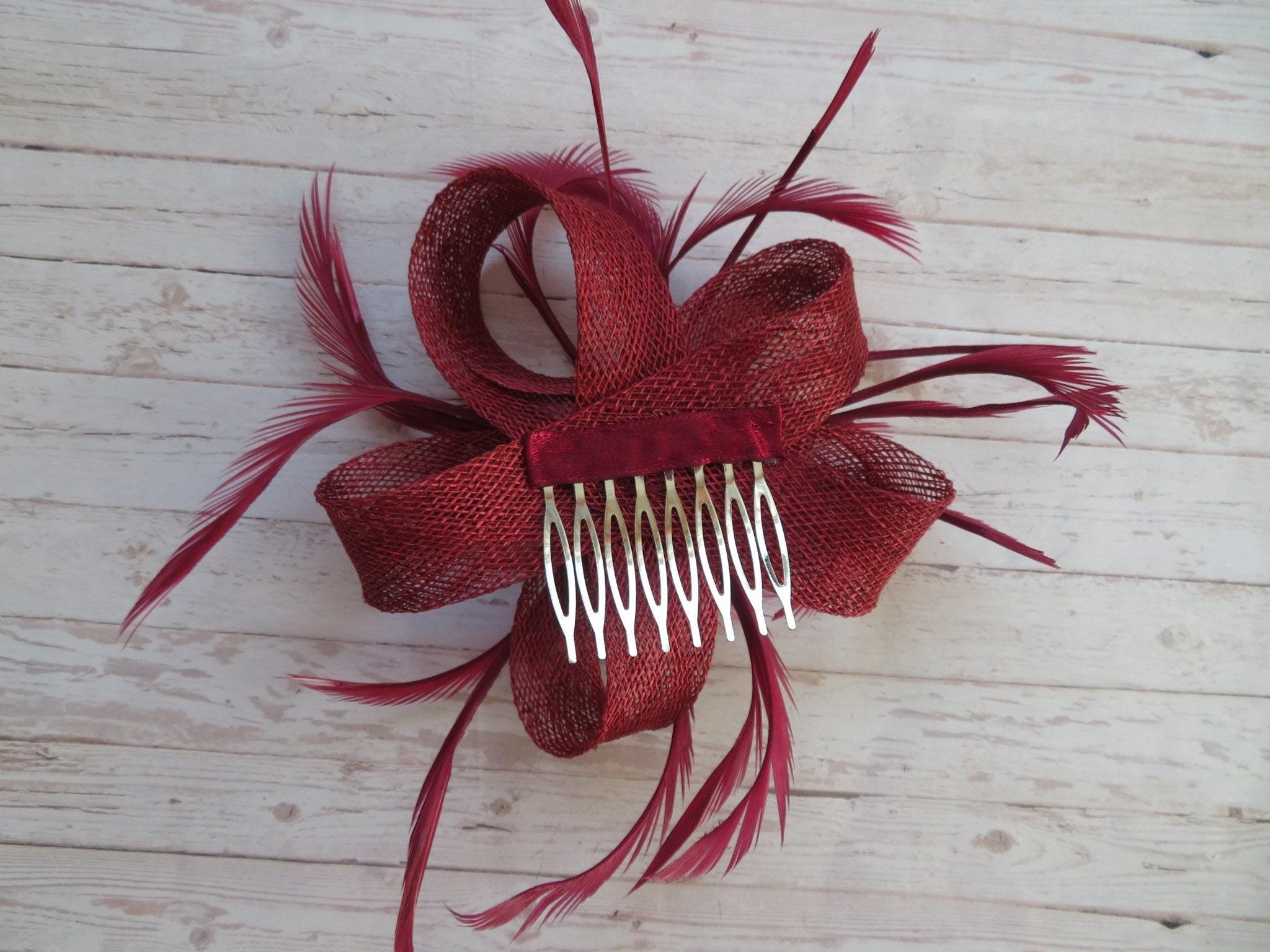 Burgundy Berry Wine Sinamay Loop Feather Pearl Clip 