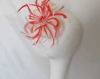 Cream Ivory and Orange Sorbet Sinamay Loop Feather Tulle Pearl Clip Fascinator Mini Hat Headpiece Wedding Races - Made to Order