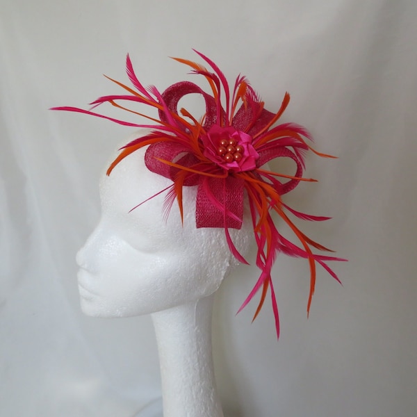 Cerise Raspberry Pink and Orange Sinamay Loop Vibrant Colour Clash Bright Fascinator Mini Hat Headpiece Wedding Races - Made to Order