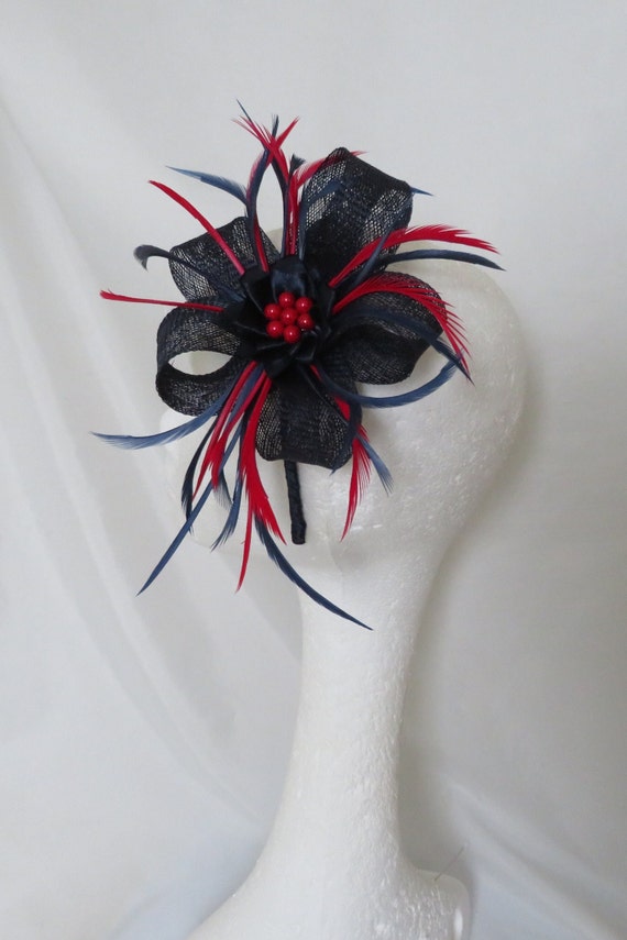 Red and Black Comb Fascinator With Sinamay Rosettes and Black Feathers Feather Fascinator Black & Burgundy Wine Maroon Sinamay  main image 4