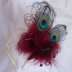 Burgundy Peacock Fascinator Marsala Berry Wine Feather & Pearl Burlesque Victoriana Wedding Hair Comb or Headband Made to Order image 6