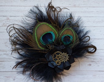 Black Steampunk Fascinator Small Peacock Feather & Brass Watch Cog Gears Style Mini Fascinator Hair Clip Wedding Cosplay - Made to Order