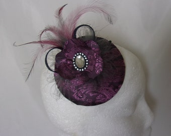 Hot Pink & Grey Cocktail Hat - Dark Grey Fuchsia Paisley Pattern Satin Retro Vintage Fascinator Headpiece - Ready Made