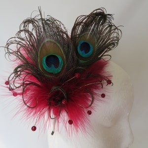 Burgundy Peacock Fascinator Marsala Berry Wine Feather & Pearl Burlesque Victoriana Wedding Hair Comb or Headband Made to Order image 4