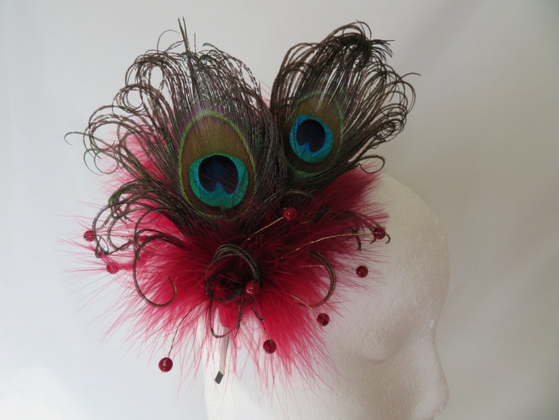 Burgundy Peacock Fascinator Marsala Berry Wine Feather & Pearl Burlesque Victoriana Wedding Hair Comb or Headband Made to Order image 4