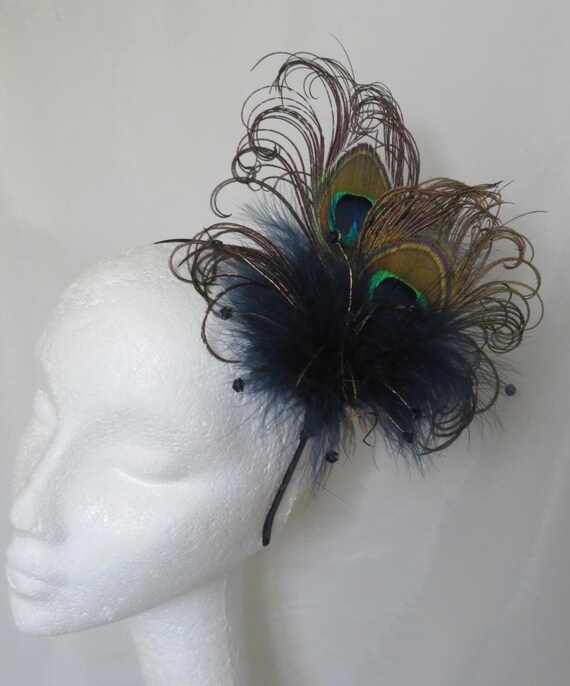Navy Blue Peacock Feather & Crystal Wedding Fascinator Hair  display picture 2
