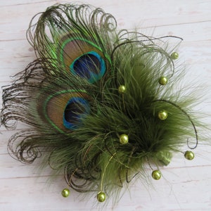 Olive Khaki Green Peacock Feather Pearl Crystal Chartreuse Vintage Regency Style Wedding Fascinator Party Races Made To Order image 2