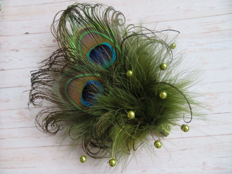 Olive Khaki Green Peacock Feather Pearl Crystal Chartreuse Vintage Regency Style Wedding Fascinator Party Races Made To Order image 2