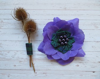 Purple Black Watch Tartan Rose Flower and Pearls Brooch Pin Buttonhole Corsage - Mothers Day Gift - Wedding Gifts - Ready Made