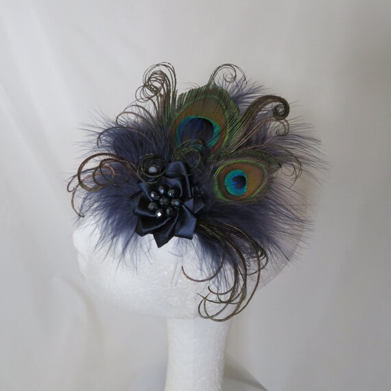 Navy Peacock Fascinator Vintage Rustic Style Feather  display picture 1