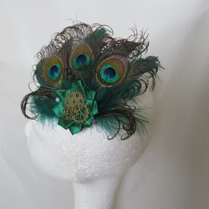 Bottle Green Peacock Feather and Pearl Steampunk Rustic Mini Hair Clip Fascinator Headpiece Gift Racing Hunter Wedding Made to Order image 8