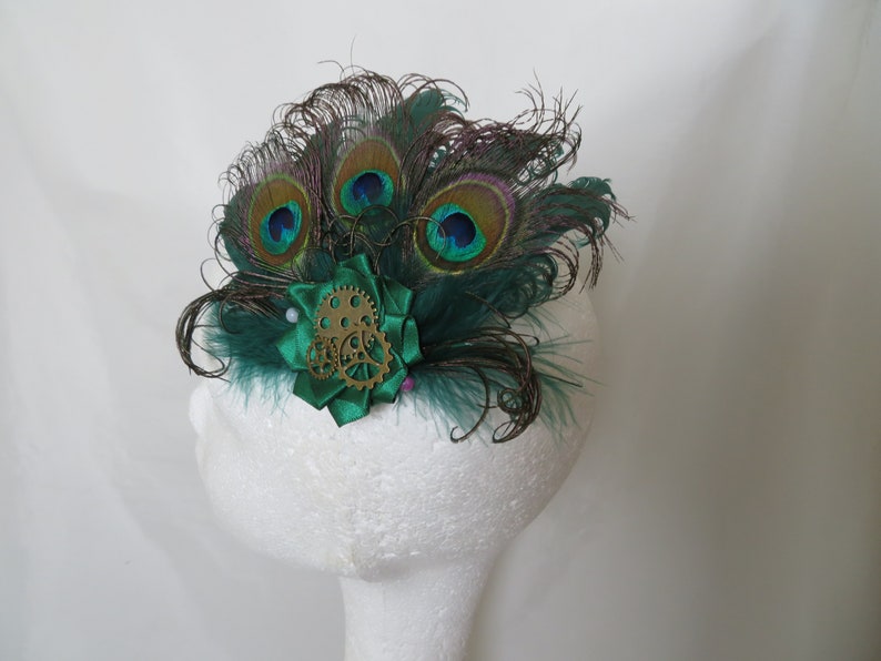 Bottle Green Peacock Feather and Pearl Steampunk Rustic Mini Hair Clip Fascinator Headpiece Gift Racing Hunter Wedding Made to Order image 8