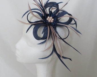 Navy Blue and Warm Neutrals Sinamay Loop Fascinator Mini Hat Headpiece Pearls Wedding Races Peach Ivory Orange Yellow Gold  - Made to Order