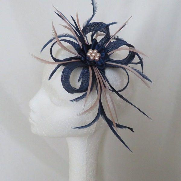 Navy Blue and Warm Neutrals Sinamay Loop Fascinator Mini Hat Headpiece Pearls Wedding Races Peach Ivory Orange Yellow Gold  - Made to Order
