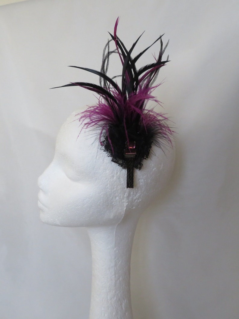 Black and Amethyst Purple Feather Plume Regency Style Vintage Clip in Updo Fascinator Headpiece Wedding Party Costume Ready Made image 4