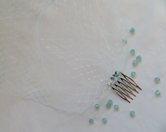 Bridal Veil - Pale Aqua Aquamarine Birdcage Bandeau Style Classic Elegant Veil - Comb Attachment Wedding Ball - Handmade to Order