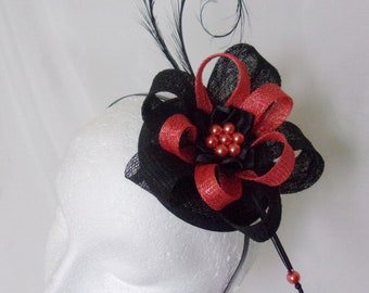 Black Orange Fascinator Burnt Tangerine Terracotta Pheasant Curl Feather Sinamay Loop & Pearl Mini Hat Headpiece - Made To Order