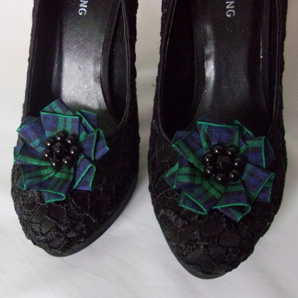 Black Watch Tartan Shoe Clips, Green and Black Shoe Clip Shoeclips Plaid Blackwatch Ruffles with Pearls Highland Clan - Made to Order