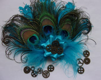 Turquoise Steampunk Fascinator Azure Blue Shades Peacock & Curled Feather Brass Cogs Mini Hair Clip Headpiece Gift Gifts - Made to Order