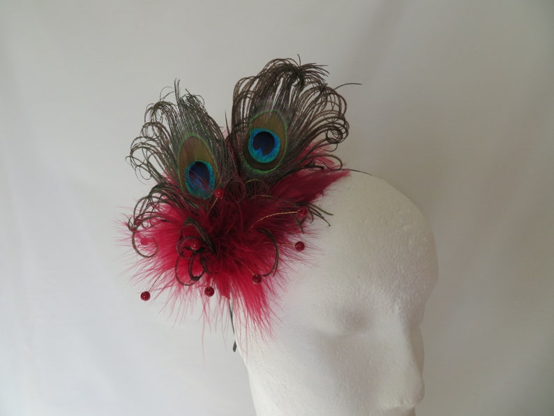 Burgundy Peacock Fascinator Marsala Berry Wine Feather & Pearl Burlesque Victoriana Wedding Hair Comb or Headband Made to Order image 3