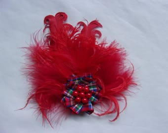 Scarlet Red Tartan Brooch Mixed Feather Royal Stewart Tartan Ruffle with Pearls Corsage Buttonhole Boutonniere Hairclip Scottish Wedding