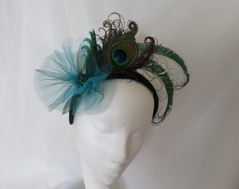 Bottle Green Emerald & Turquoise Peacock Feather Headband - Vintage Retro Burlesque Halo Padded Velvet Band - Wedding Ascot - Ready Made