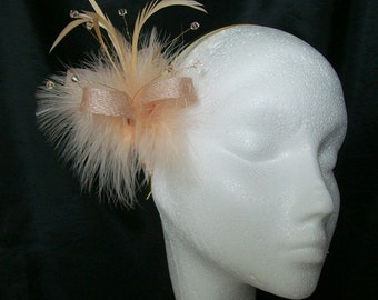 Peach Feather Fascinator Pale Blush Apricot Sinamay Fluff Feather & Pearl Bead Vintage Fascinator Hair Comb Band Wedding - Made to Order