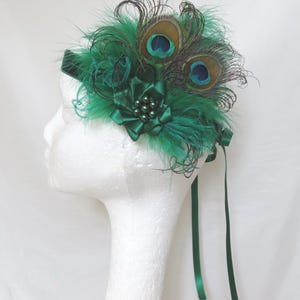Emerald Flapper Band Jade Green Peacock Feather & Pearl Crystal 1920&#39;s Gatsby Style Ribbon Tie Headband Headpiece - Made to Order