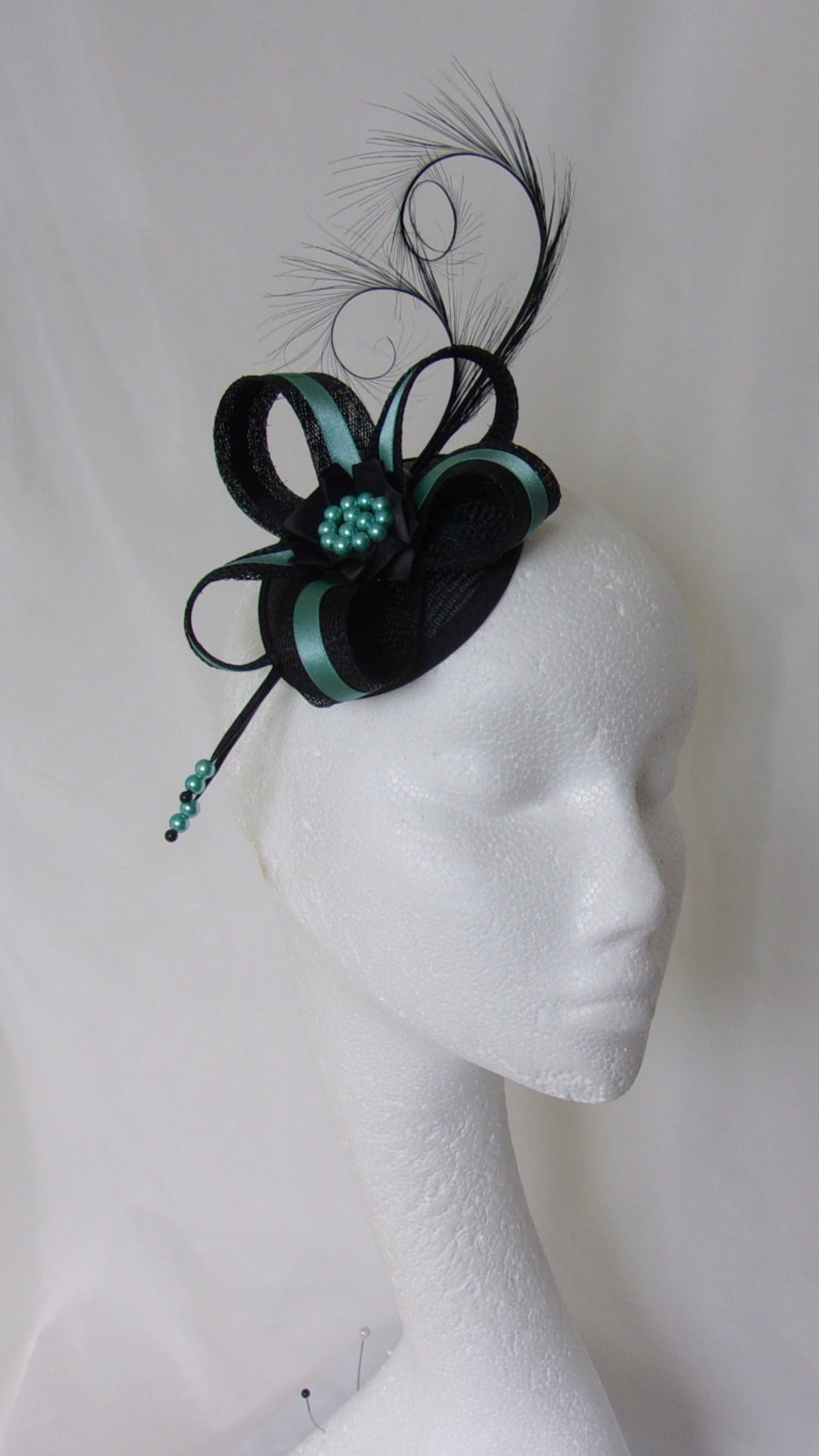 Light Teal Duck Egg Blue and Black Veiled Fascinator With Pheasant Curl