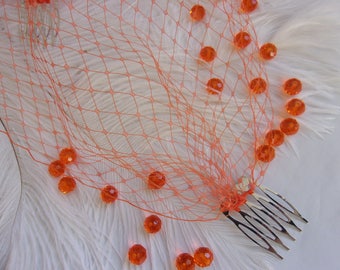 Burnt Bright Orange Veil Fine Classic Birdcage Bandeau Vibrant Wedding Bridal Costume Mardi Gras Veils Retro  - With Comb Attachment