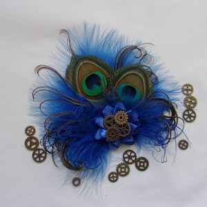 Royal Blue Steampunk Fascinator Cobalt Sapphire  Peacock Feather & Brass Cogs Mini Headpiece Wedding Cosplay Hair Hat Clip- Made to Order