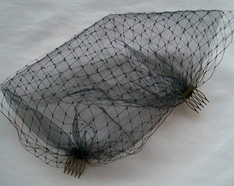 Black Double Merry Widow and Tulle Mesh Birdcage Bandeau Wedding Veil - Made to Order-  Gothic Victorian