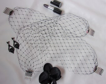 Black Narrow Merry Widow Bandeau Eye Veil Wedding Glamorous Gothic Funeral Bridal Brides - Comb Attachment - Made to Order