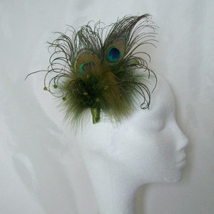 Olive Khaki Green Peacock Feather Pearl Crystal Chartreuse Vintage Regency Style Wedding Fascinator Party Races Made To Order image 7