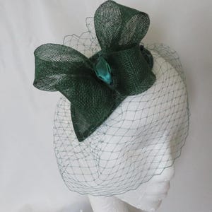 Forest Green Vintage Bow and Veil Teardrop Fascinator Mini Hat Wedding Races -Ready Made