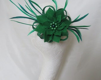 Emerald and Bottle Green Felt Flower & Pearl Comb Updo Mini Fascinator Hair Wreath Boho Headpiece Wedding Races Made - Ready to Wear